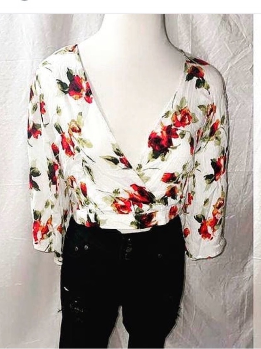 Ambiance White Wrap Blouse with Red Floral Print